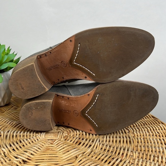 All Saints Grey Suede Split Shaft Block Heel Ankle Booties Boots 38 Leather - Picture 7 of 10